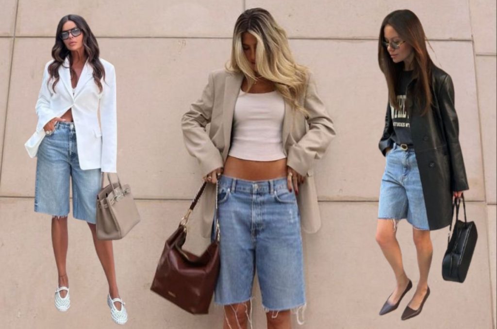 Modelos visten looks de Look de bermudas de mezclilla con blazer