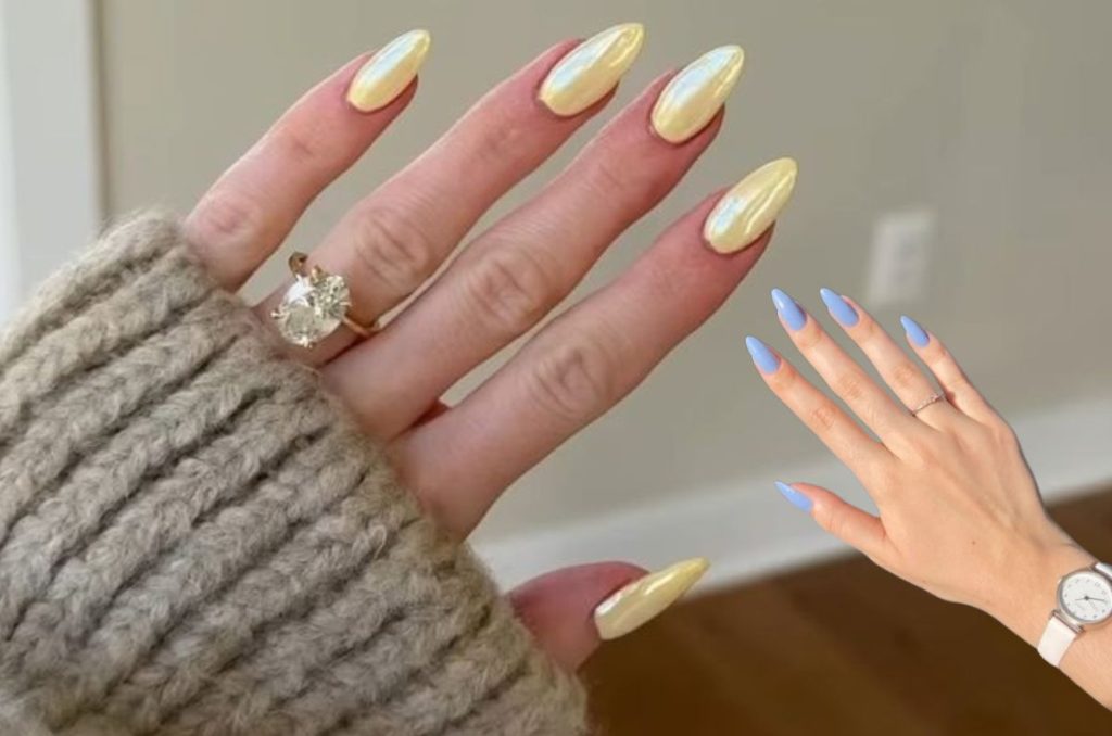 Manicure amarillo mantequilla y azul lavanda