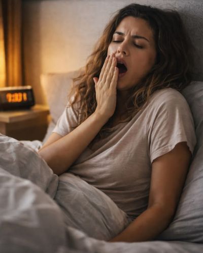 Modelo sentada en su cama bostezando.