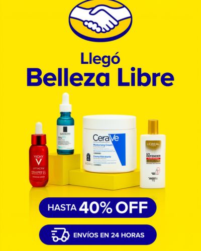 nuncio de “Belleza Libre” con productos de skincare sobre fondo amarillo y texto de hasta 40% off.