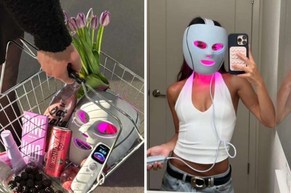 Collage: a la izquierda, carrito con la Shark CryoGlow y productos beauty; a la derecha, mujer tomándose una selfie usando la máscara facial con luz rosa.