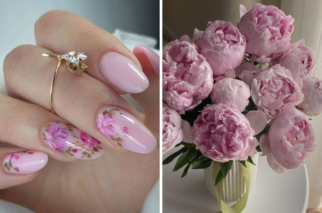 Foto de uñas con peonías y ramo de peonías rosas