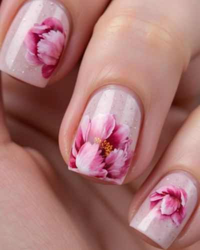 Uñas cortas con peonías rosas