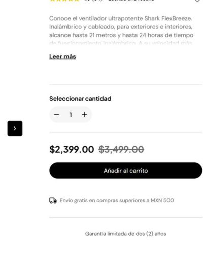 Captura de página de compra del ventilador con precio y detalle del producto.