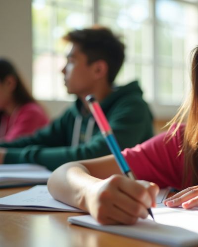Estudiantes en un salón de clases escribiendo en sus cuadernos, como parte del ciclo escolar establecido por la Secretaría de Educación Pública (SEP)