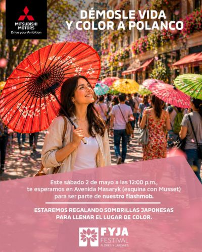 Anuncio de Mitsubishi Motors México para el FYJA Polanco 2026, con una mujer sosteniendo una sombrilla japonesa roja en una calle de Polanco decorada con colores y gente caminando.