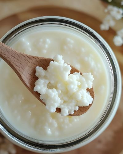 Cucharita con granos de kéfir sobre un frasco con leche fermentada, un alimento rico en probióticos para apoyar la microbiota intestinal.