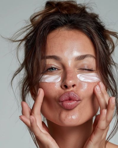 Modelo aplica crema sobre su rostro
