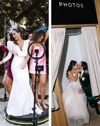 Foto de novios disfrutando de un photoboot 360