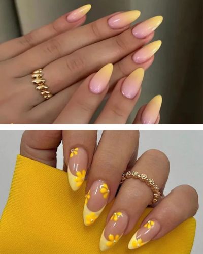 Uñas con efecto degradado y flores en color amarillo pollito