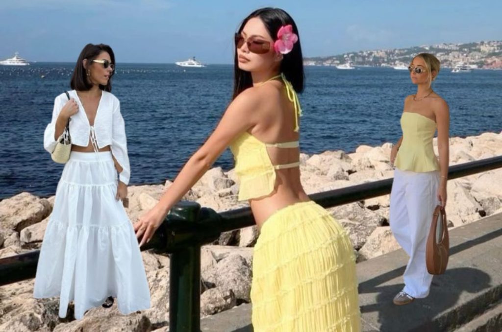 Conjunto amarillo mantequilla, conjunto blanco de lino y conjunto amarillo con blanco