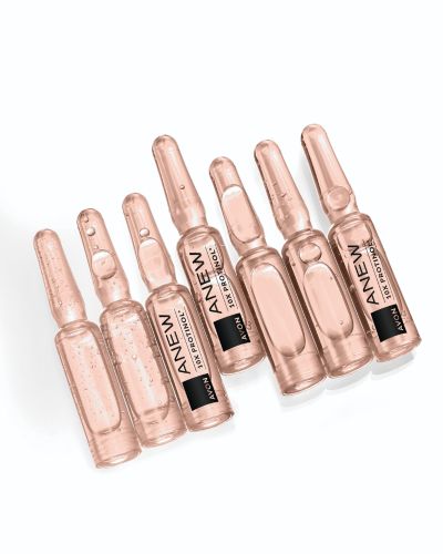 Ampolletas rosadas de Avon Anew con Protinol, parte de una línea de productos de skincare para apoyar la renovación de la piel y el cuidado facial.