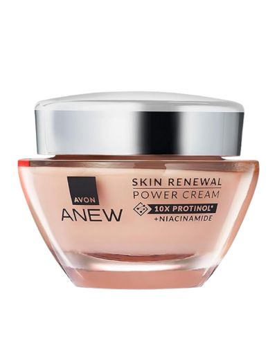 Tarro de Anew Power Cream de Avon con Protinol y niacinamida, una crema antiedad enfocada en apoyar el colágeno, la hidratación facial y la firmeza de la piel.